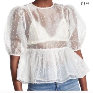 Topshop Dobby Dot Organza Puff Sleeve Sheer Blouse Polka Dot Button Down White